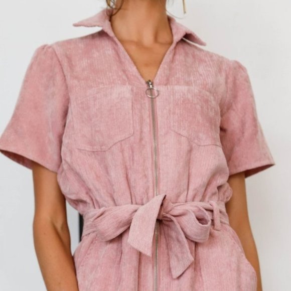 Mauve Velvet Short Sleeve Self-Tie Belted O-Ring Z - Picture 4 of 6